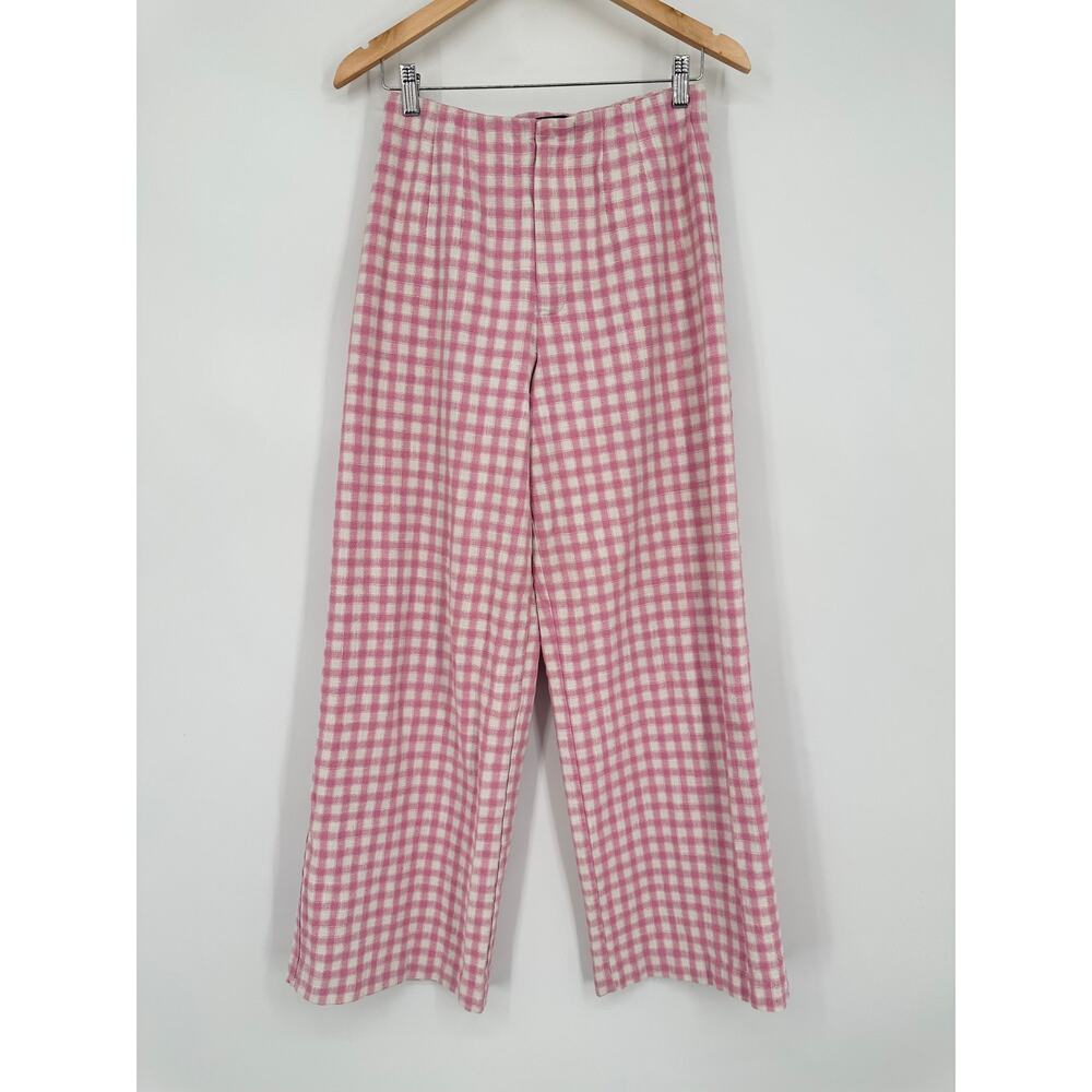 ZARA Full Length Gingham Plaid Wide Leg Pants High Rise Trouser Pink/ White - Picture 5 of 12